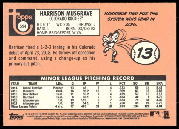 2018 Topps Heritage High Number Harrison Musgrave #594 (Back)