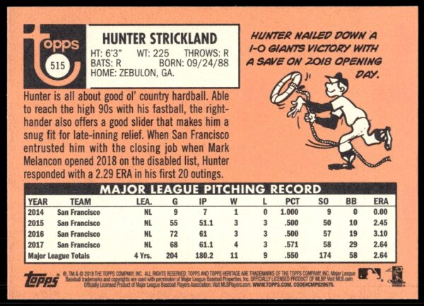 2018 Topps Heritage High Number Hunter Strickland #515 (Back)