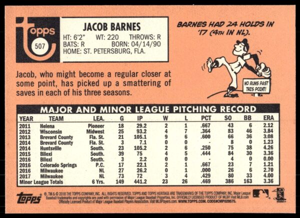 2018 Topps Heritage High Number Jacob Barnes #507 (Back)