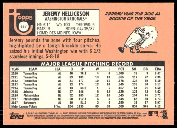 2018 Topps Heritage High Number Jeremy Hellickson #667 (Back)