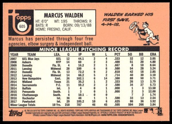 2018 Topps Heritage High Number Marcus Walden #605 (Back)