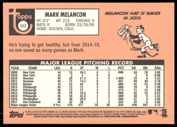 2018 Topps Heritage High Number Mark Melancon #553 (Back)