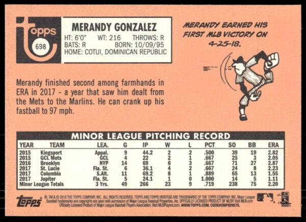 2018 Topps Heritage High Number Merandy Gonzalez #698 (Back)