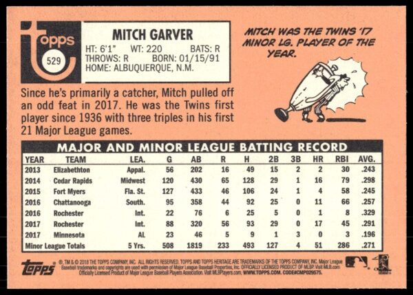 2018 Topps Heritage High Number Mitch Garver #529 (Back)