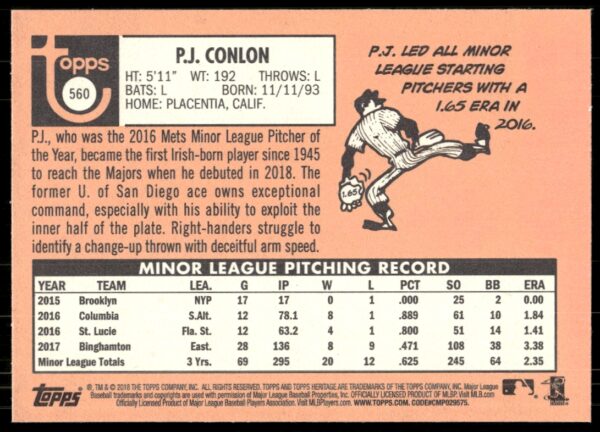 2018 Topps Heritage High Number P.J. Conlon #560 (Back)