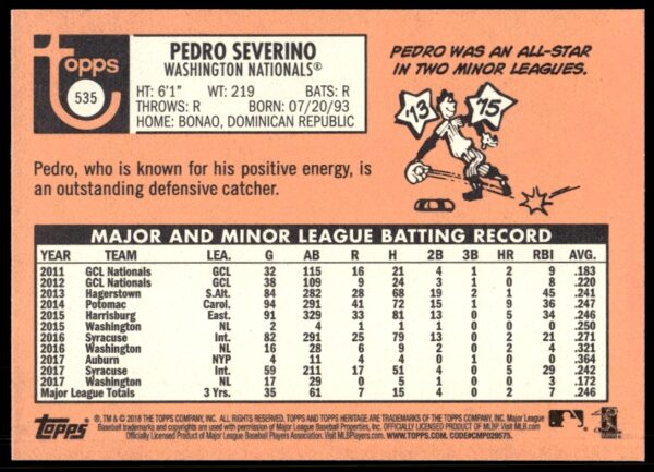 2018 Topps Heritage High Number Pedro Severino #535 (Back)