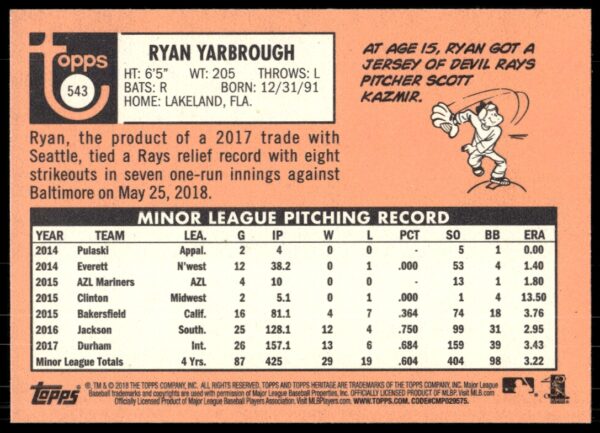 2018 Topps Heritage High Number Ryan Yarbrough #543 (Back)