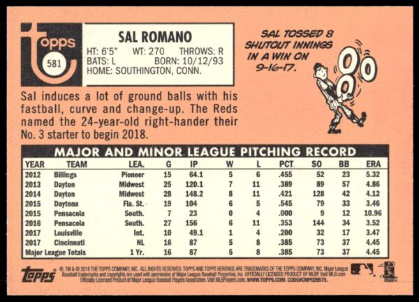 2018 Topps Heritage High Number Sal Romano #581 (Back)