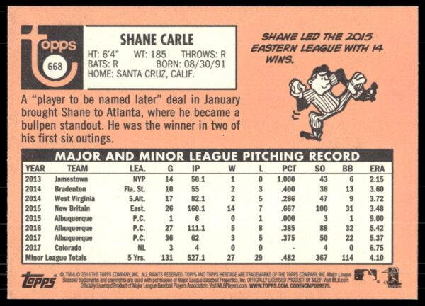 2018 Topps Heritage High Number Shane Carle #668 (Back)