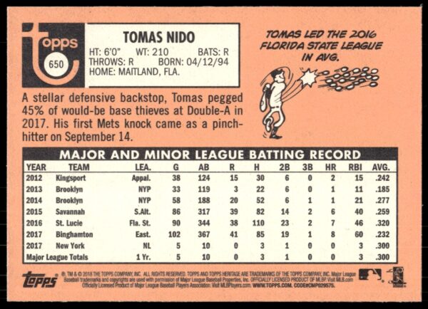 2018 Topps Heritage High Number Tomas Nido #650 (Back)