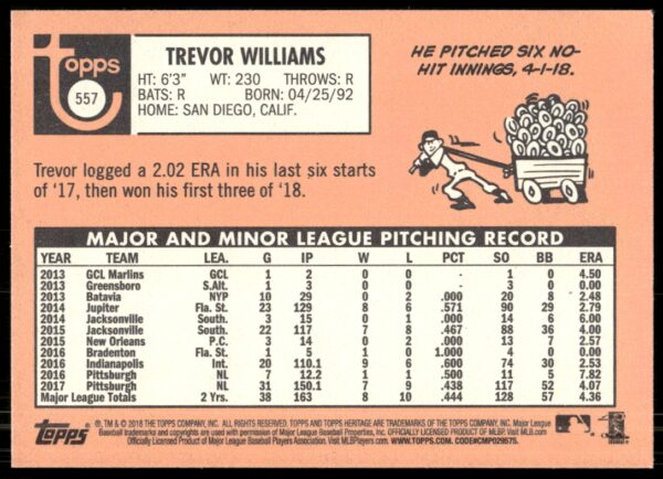 2018 Topps Heritage High Number Trevor Williams #557 (Back)