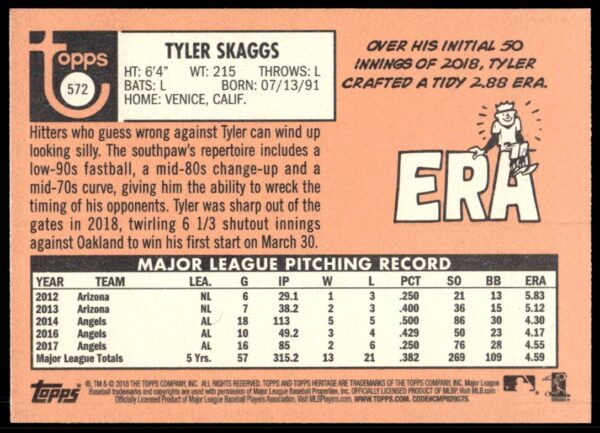 2018 Topps Heritage High Number Tyler Skaggs #572 (Back)