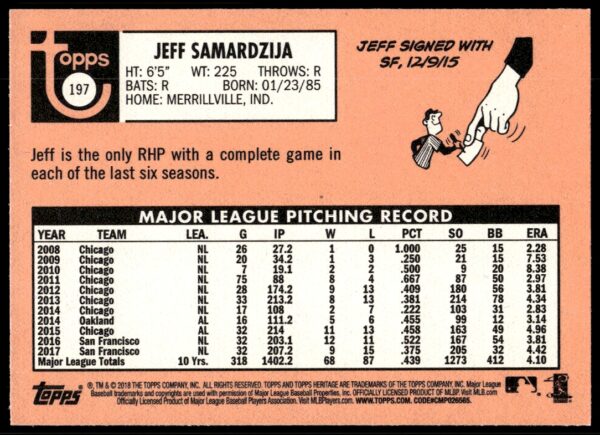 2018 Topps Heritage Jeff Samardzija #197 (Back)