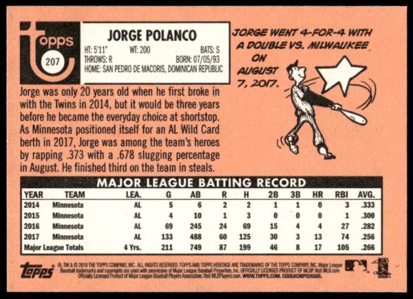 2018 Topps Heritage Jorge Polanco #207 (Back)