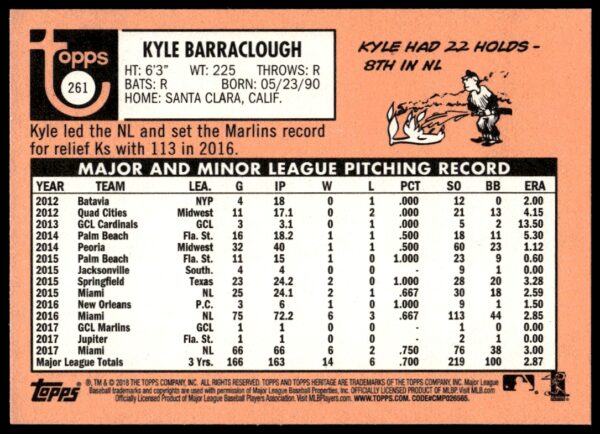 2018 Topps Heritage Kyle Barraclough #261 (Back)