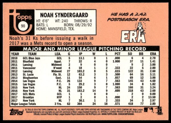 2018 Topps Heritage Noah Syndergaard #90 (Back)