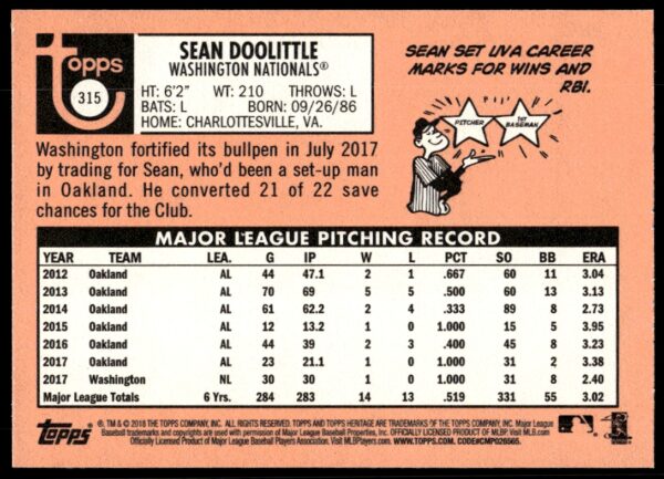 2018 Topps Heritage Sean Doolittle #315 (Back)