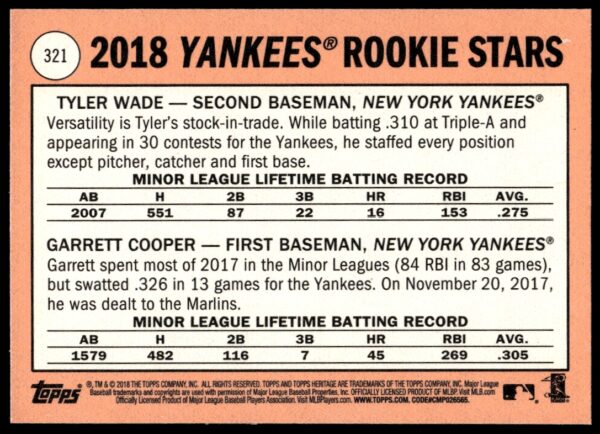 2018 Topps Heritage Tyler Wade / Garrett Cooper #321 (Back)