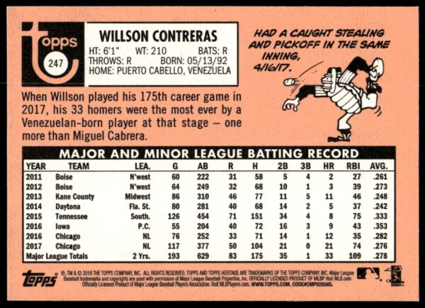 2018 Topps Heritage Willson Contreras #247 (Back)