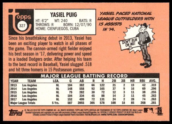 2018 Topps Heritage Yasiel Puig #327 (Back)