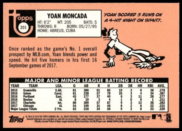 2018 Topps Heritage Yoan Moncada #201 (Back)