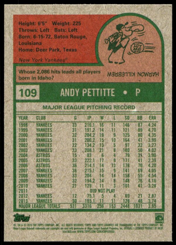 2019 Topps Archives Andy Pettitte #109 (Back)