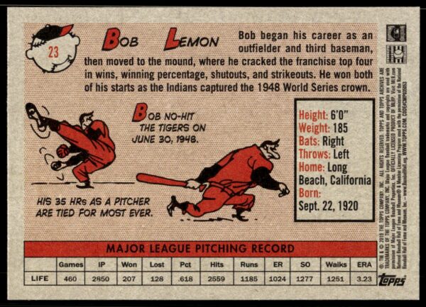 2019 Topps Archives Bob Lemon #23 (Back)