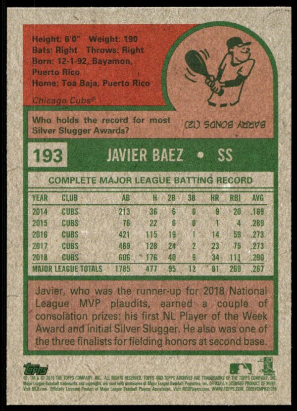 2019 Topps Archives Javier Baez #193 (Back)