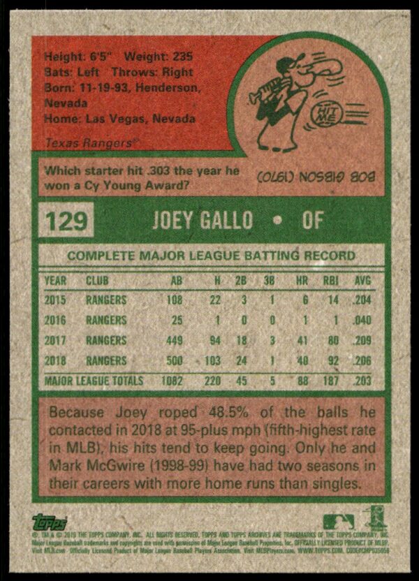 2019 Topps Archives Joey Gallo #129 (Back)