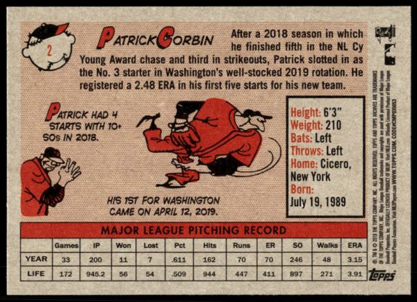 2019 Topps Archives Patrick Corbin #2 (Back)