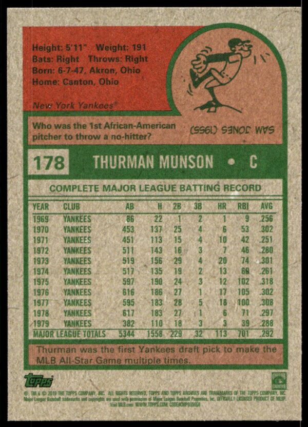 2019 Topps Archives Thurman Munson #178 (Back)