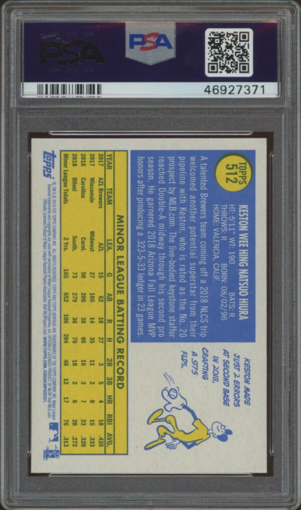 Authentic 2019 Topps Heritage Keston Hiura #512 card with PSA grading in protective case.