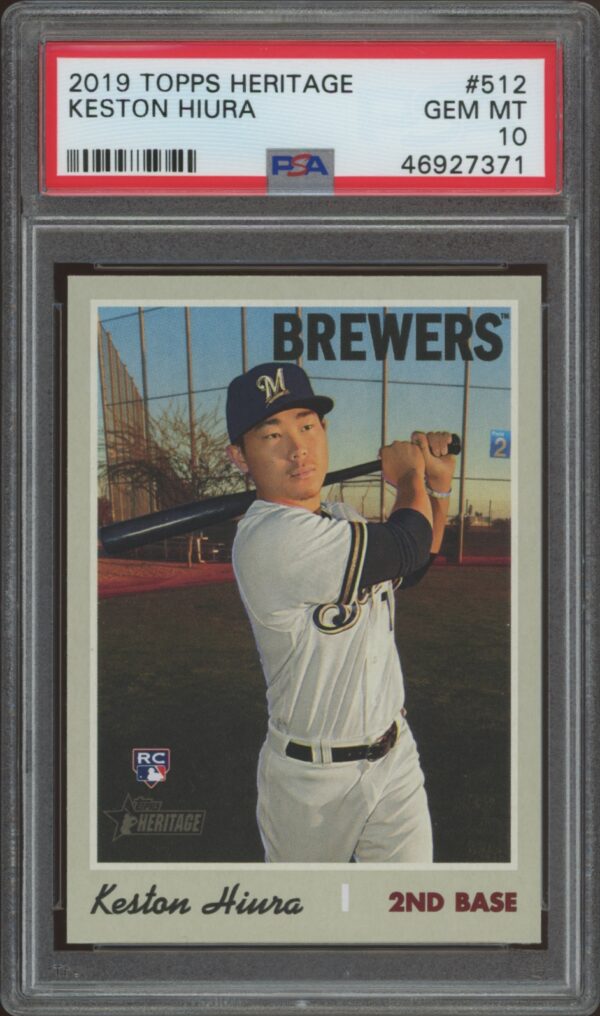 2019 Topps Heritage baseball card featuring Milwaukee Brewers Keston Hiura in Gem Mint condition.