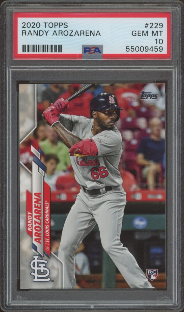 PSA 10 graded 2020 Topps card featuring baseball player Randy Arozarena in action.