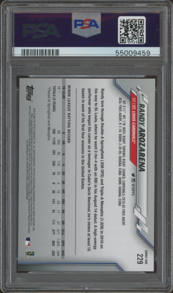 PSA 10 graded 2020 Topps card of Randy Arozarena, #229, encased in protective slab.