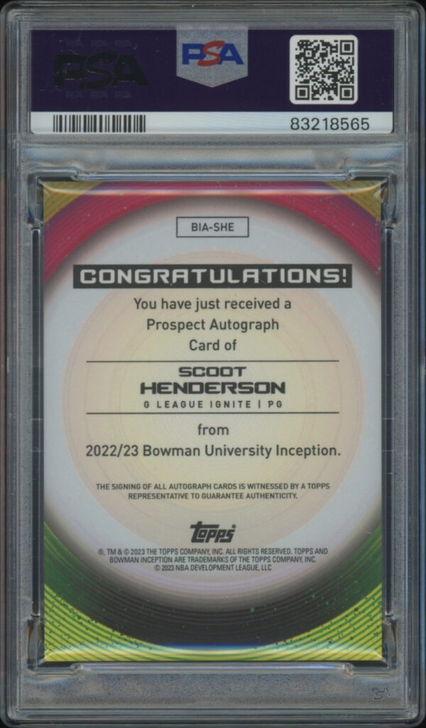 PSA authenticated Scoot Hendersons 2022 Bowman University Inception autograph card.