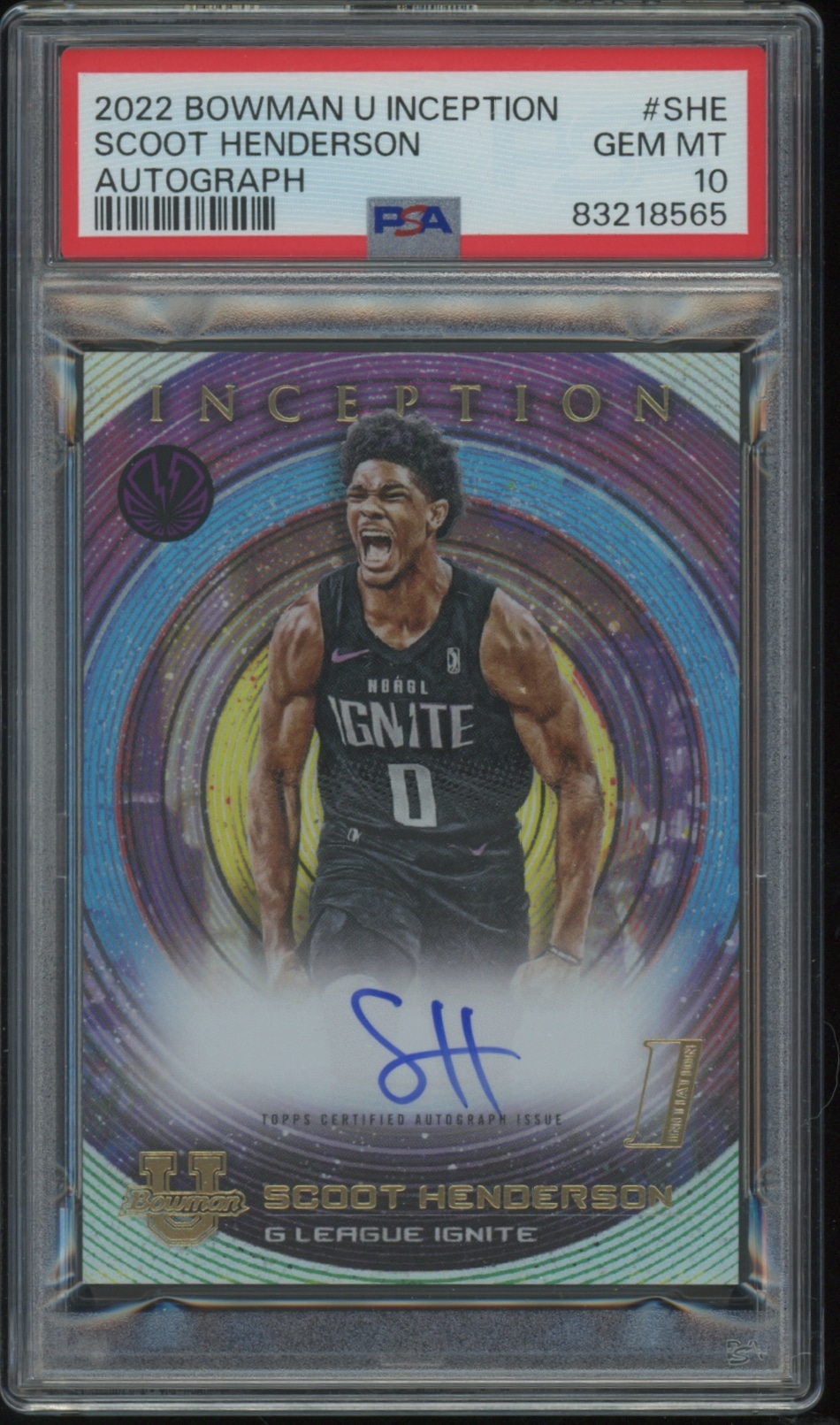 Scoot Hendersons signed 2022 Bowman University Inception PSA 10 basketball card.