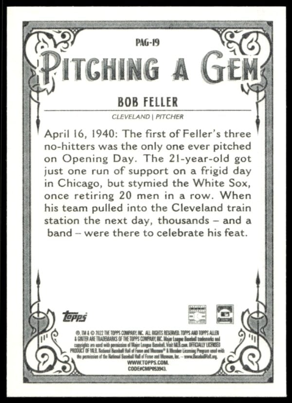 2022 Topps Allen & Ginter Bob Feller Pitching a Gem #PAG-19 (Back)