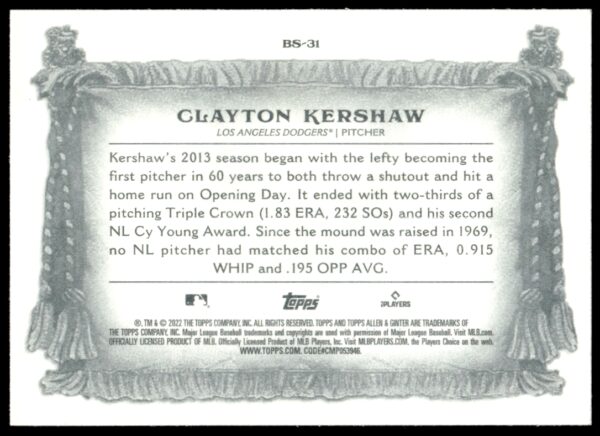 2022 Topps Allen & Ginter Clayton Kershaw Banner Seasons #BS-31 (Back)