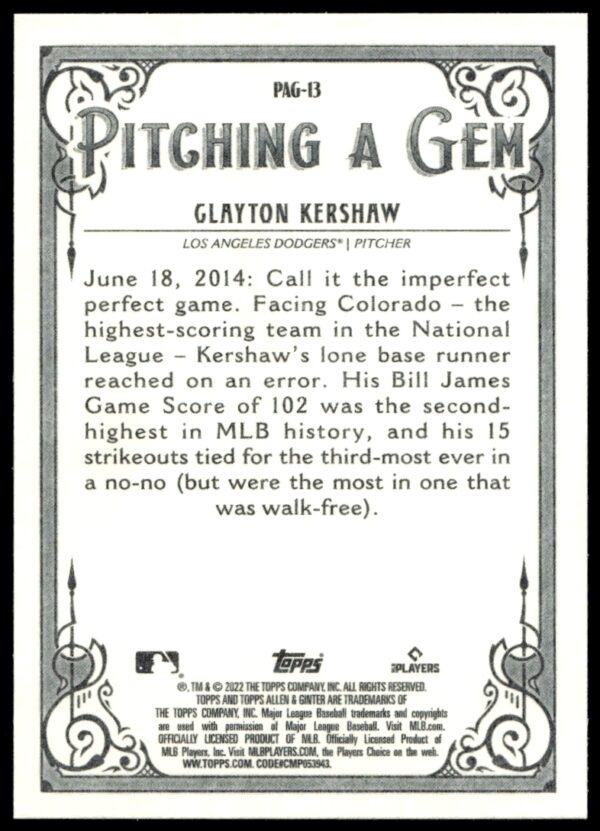 2022 Topps Allen & Ginter Clayton Kershaw Pitching a Gem #PAG-13 (Back)