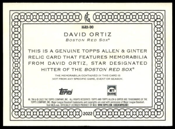 2022 Topps Allen & Ginter David Ortiz Full-Size Relics A Design #AGRA-DO (Back)