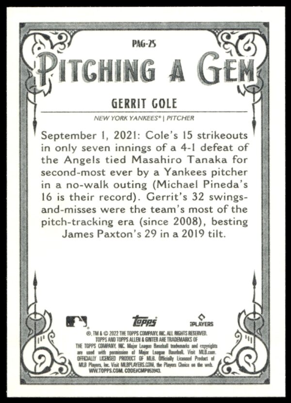 2022 Topps Allen & Ginter Gerrit Cole Pitching a Gem #PAG-25 (Back)