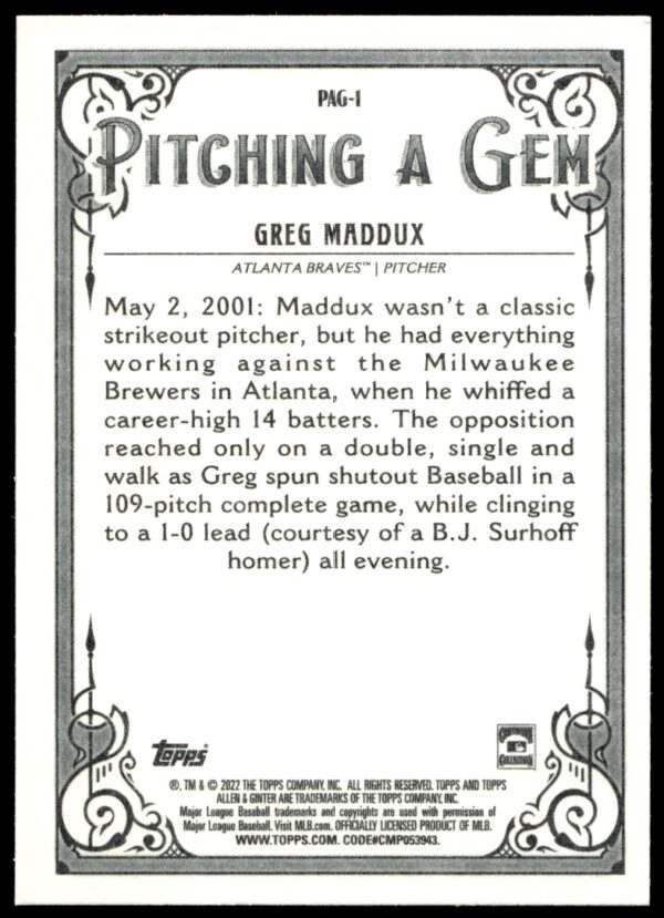 2022 Topps Allen & Ginter Greg Maddux Pitching a Gem #PAG-1 (Back)