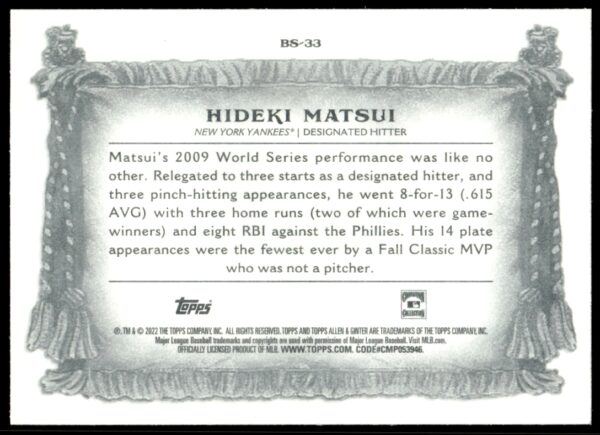 2022 Topps Allen & Ginter Hideki Matsui Banner Seasons #BS-33 (Back)