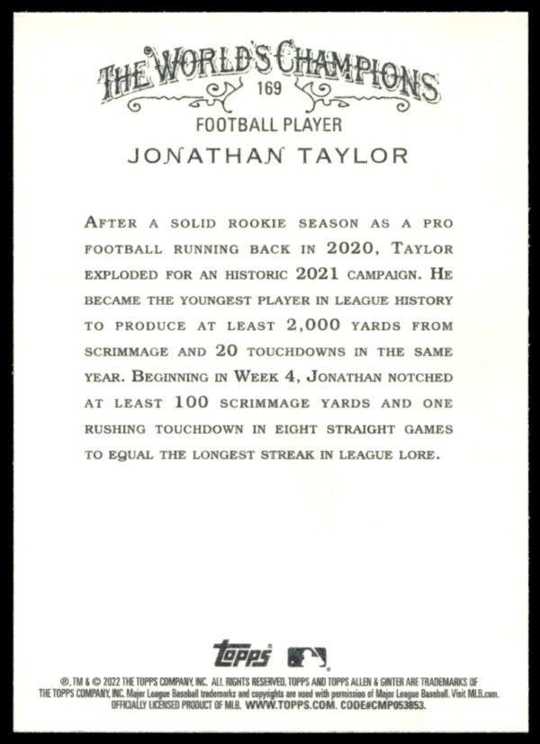 2022 Topps Allen & Ginter Jonathan Taylor #169 (Back)