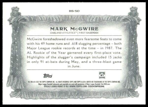 2022 Topps Allen & Ginter Mark McGwire Banner Seasons #BS-50 (Back)