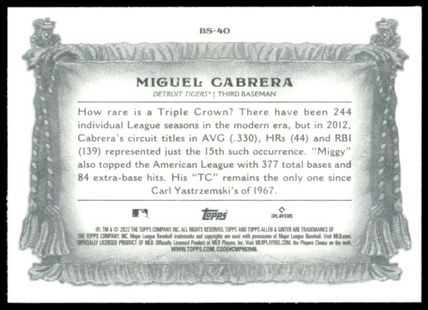 2022 Topps Allen & Ginter Miguel Cabrera Banner Seasons #BS-40 (Back)