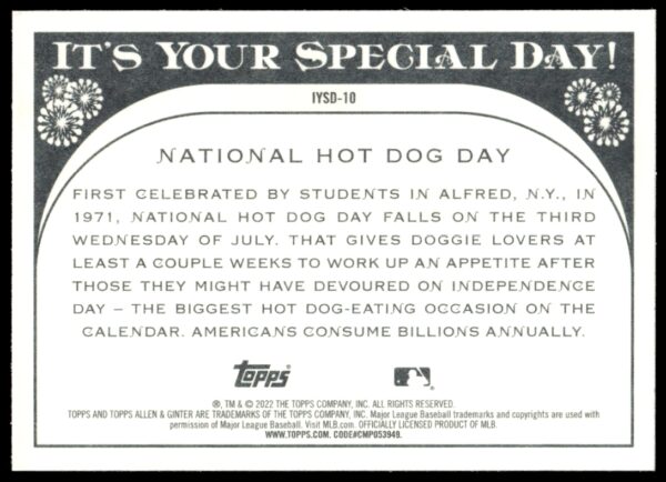 2022 Topps Allen & Ginter National Hot Dog Day It's Your Special Day! #IYSD-10 (Back)