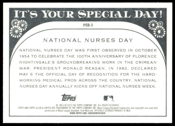 2022 Topps Allen & Ginter National Nurses Day It's Your Special Day! #IYSD-3 (Back)