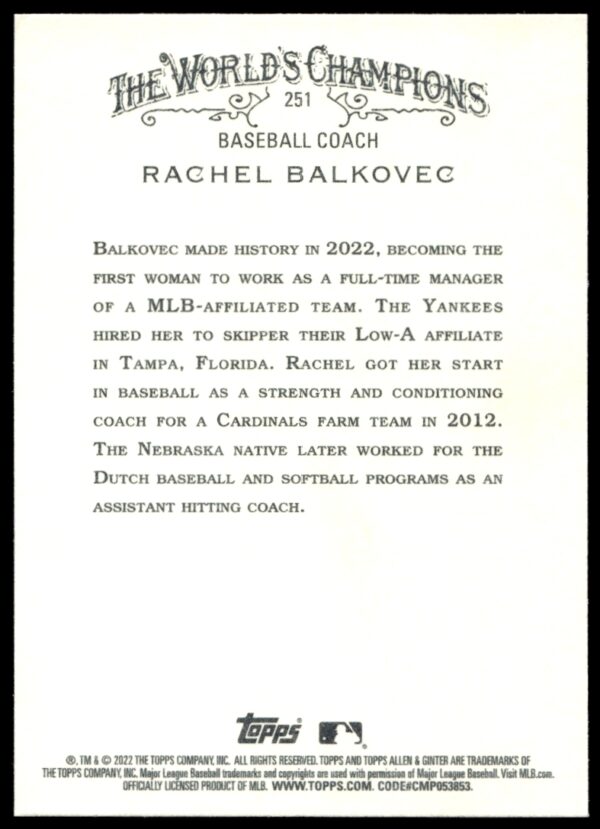 2022 Topps Allen & Ginter Rachel Balkovec #251 (Back)